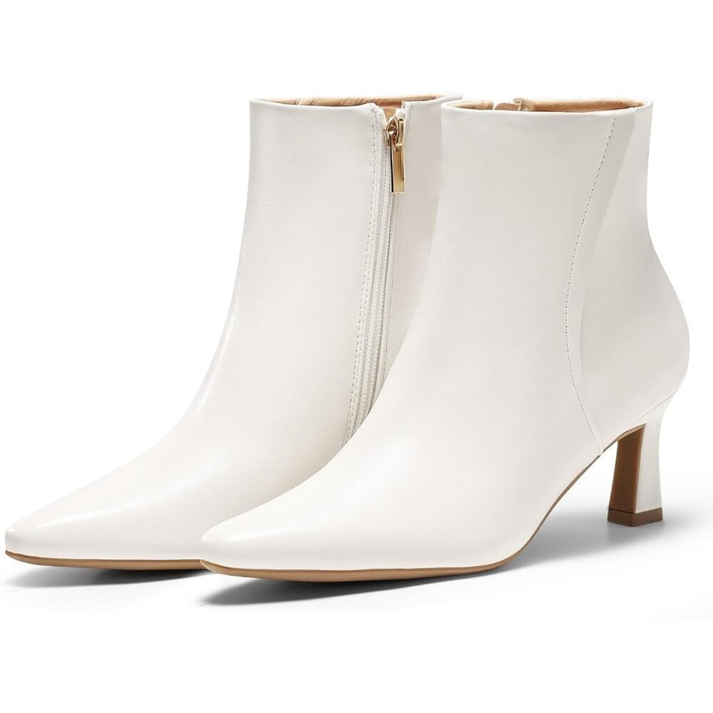 Womens White Ankle Boots Kitten Low Heel Pointed Toe Zipper Winter Dress